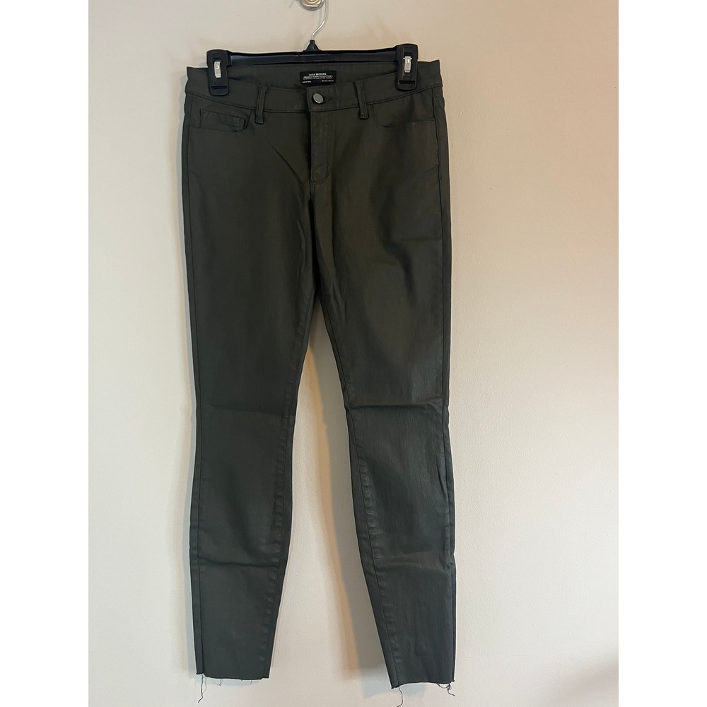 Zara Woman Premium Denim Olive Green Coated Skinny Pants Ankle Zip Raw Hem 6